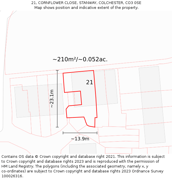 21, CORNFLOWER CLOSE, STANWAY, COLCHESTER, CO3 0SE: Plot and title map