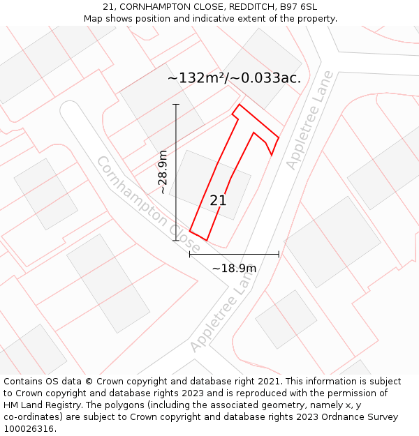21, CORNHAMPTON CLOSE, REDDITCH, B97 6SL: Plot and title map