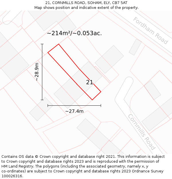 21, CORNMILLS ROAD, SOHAM, ELY, CB7 5AT: Plot and title map
