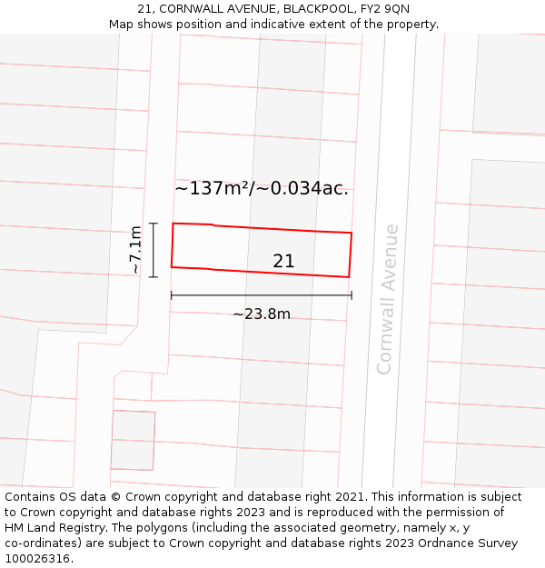 21, CORNWALL AVENUE, BLACKPOOL, FY2 9QN: Plot and title map