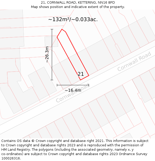 21, CORNWALL ROAD, KETTERING, NN16 8PD: Plot and title map