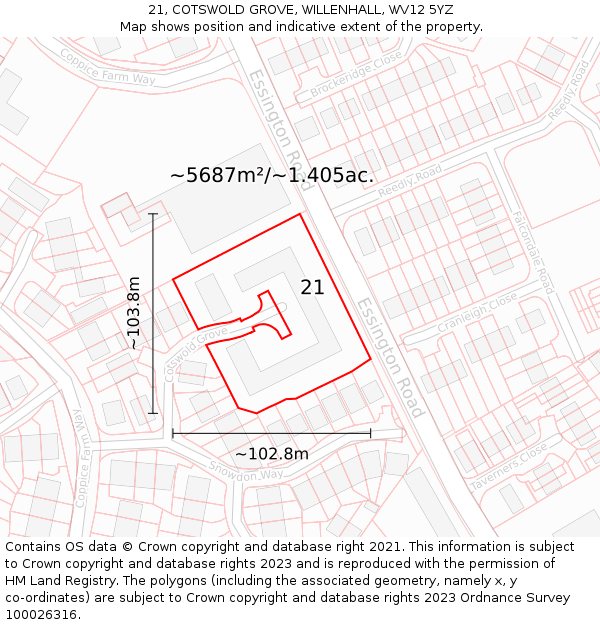 21, COTSWOLD GROVE, WILLENHALL, WV12 5YZ: Plot and title map