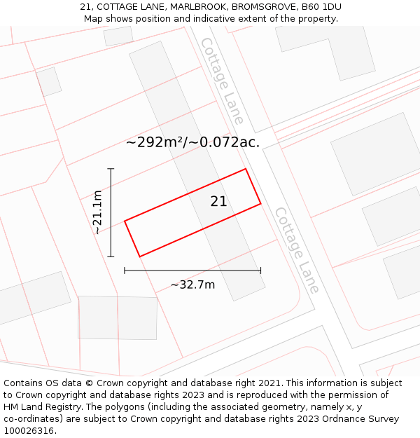 21, COTTAGE LANE, MARLBROOK, BROMSGROVE, B60 1DU: Plot and title map