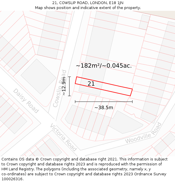 21, COWSLIP ROAD, LONDON, E18 1JN: Plot and title map