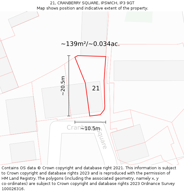 21, CRANBERRY SQUARE, IPSWICH, IP3 9GT: Plot and title map