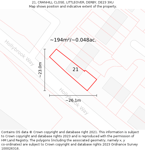 21, CRANHILL CLOSE, LITTLEOVER, DERBY, DE23 3XU: Plot and title map