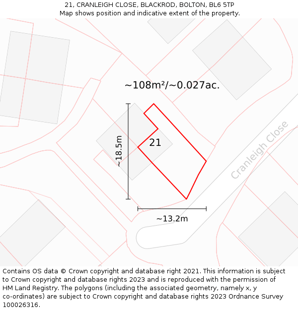 21, CRANLEIGH CLOSE, BLACKROD, BOLTON, BL6 5TP: Plot and title map