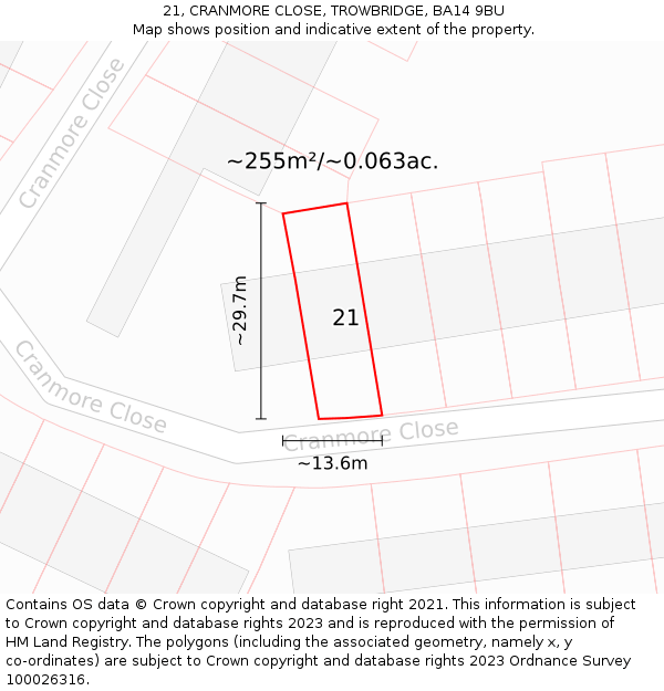 21, CRANMORE CLOSE, TROWBRIDGE, BA14 9BU: Plot and title map
