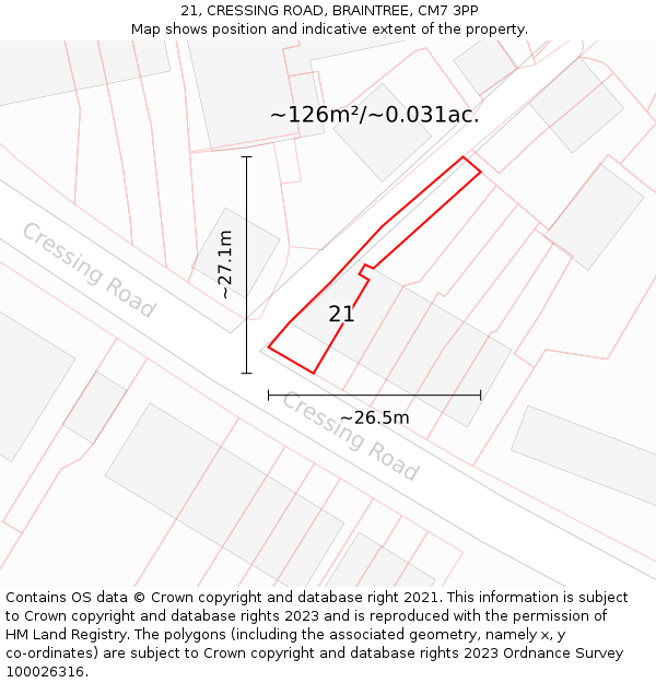 21, CRESSING ROAD, BRAINTREE, CM7 3PP: Plot and title map