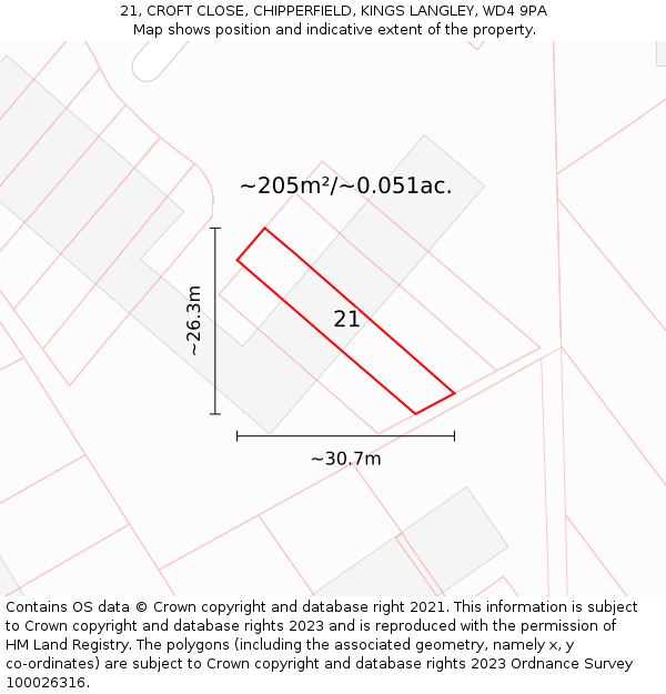 21, CROFT CLOSE, CHIPPERFIELD, KINGS LANGLEY, WD4 9PA: Plot and title map