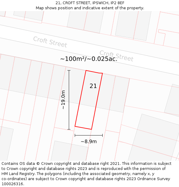 21, CROFT STREET, IPSWICH, IP2 8EF: Plot and title map