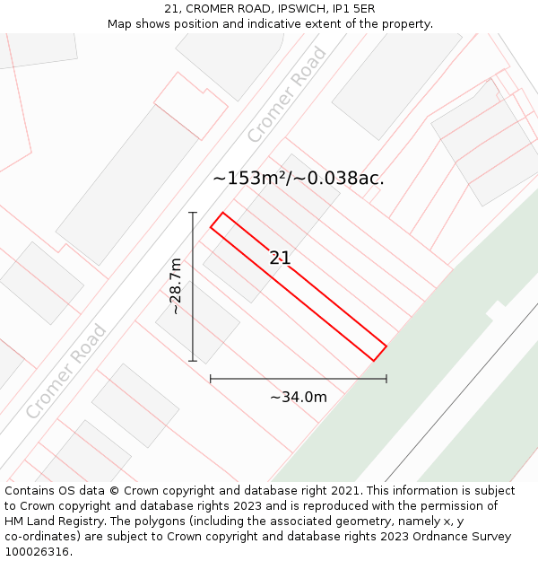 21, CROMER ROAD, IPSWICH, IP1 5ER: Plot and title map