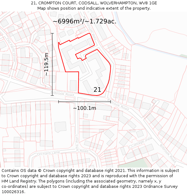 21, CROMPTON COURT, CODSALL, WOLVERHAMPTON, WV8 1GE: Plot and title map