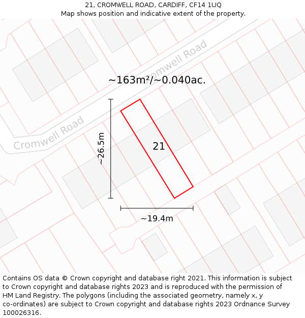 21, CROMWELL ROAD, CARDIFF, CF14 1UQ: Plot and title map