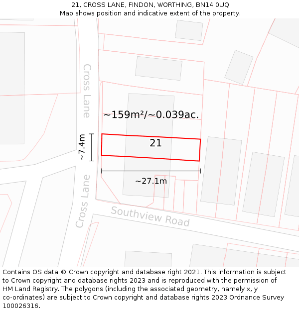 21, CROSS LANE, FINDON, WORTHING, BN14 0UQ: Plot and title map
