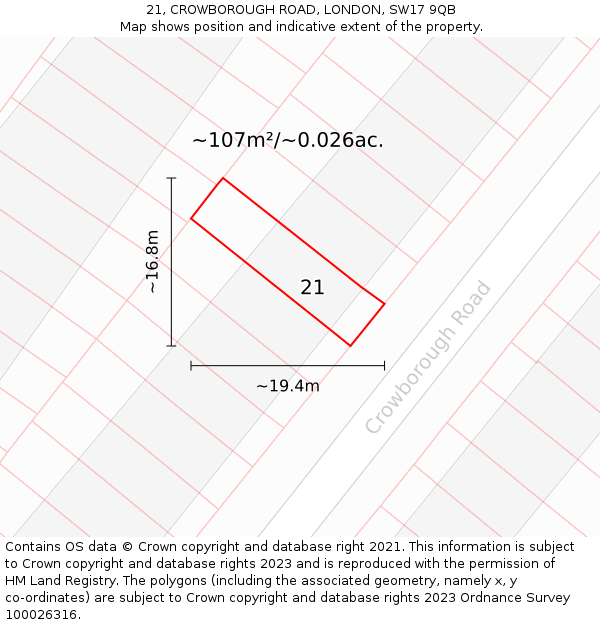 21, CROWBOROUGH ROAD, LONDON, SW17 9QB: Plot and title map