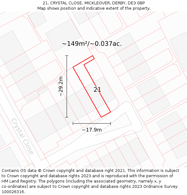 21, CRYSTAL CLOSE, MICKLEOVER, DERBY, DE3 0BP: Plot and title map
