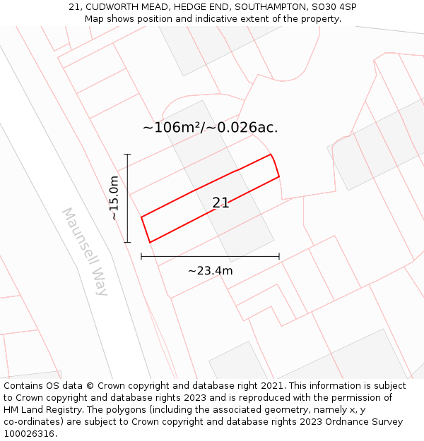21, CUDWORTH MEAD, HEDGE END, SOUTHAMPTON, SO30 4SP: Plot and title map