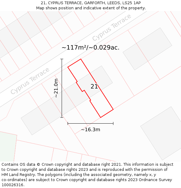 21, CYPRUS TERRACE, GARFORTH, LEEDS, LS25 1AP: Plot and title map