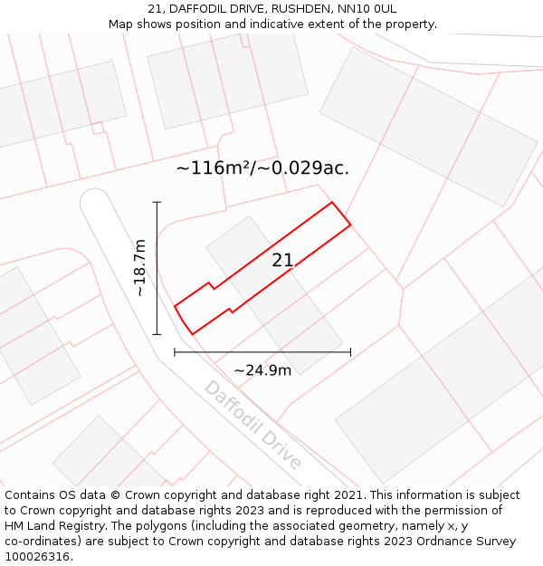 21, DAFFODIL DRIVE, RUSHDEN, NN10 0UL: Plot and title map