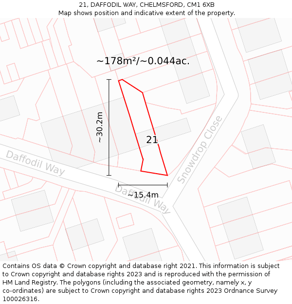 21, DAFFODIL WAY, CHELMSFORD, CM1 6XB: Plot and title map