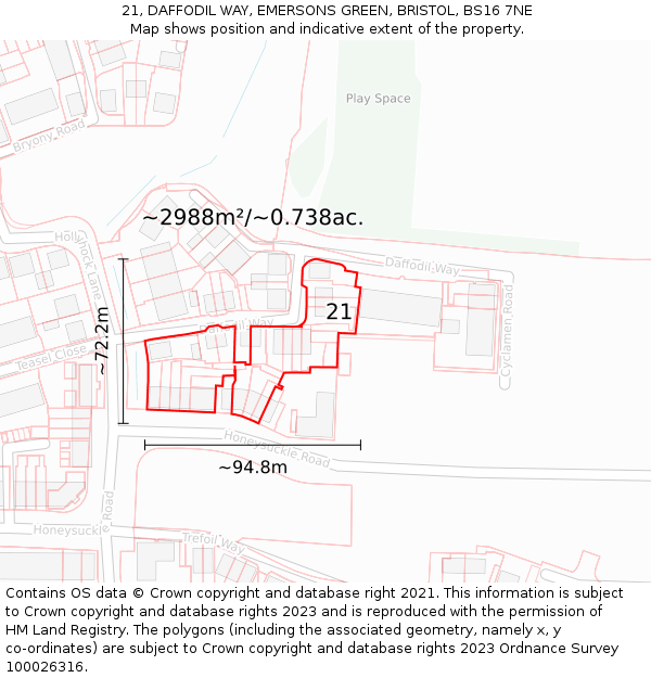 21, DAFFODIL WAY, EMERSONS GREEN, BRISTOL, BS16 7NE: Plot and title map