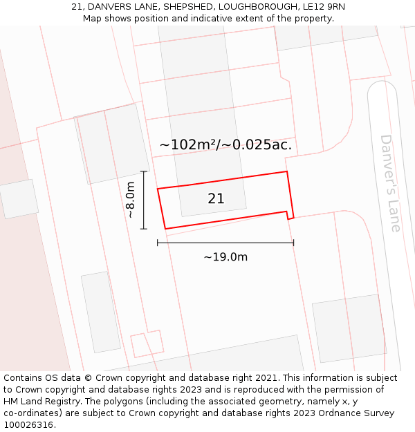 21, DANVERS LANE, SHEPSHED, LOUGHBOROUGH, LE12 9RN: Plot and title map