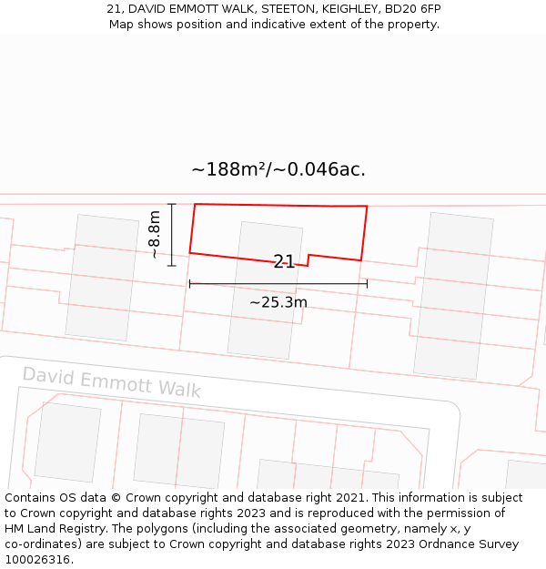 21, DAVID EMMOTT WALK, STEETON, KEIGHLEY, BD20 6FP: Plot and title map