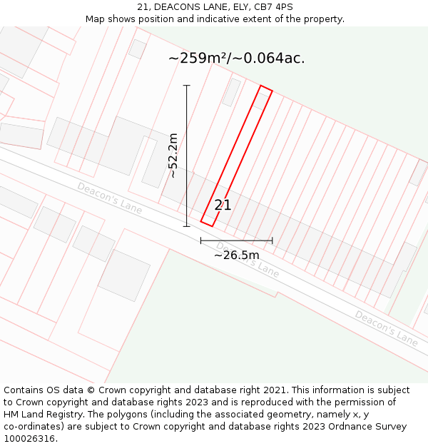 21, DEACONS LANE, ELY, CB7 4PS: Plot and title map