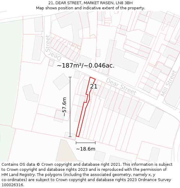 21, DEAR STREET, MARKET RASEN, LN8 3BH: Plot and title map