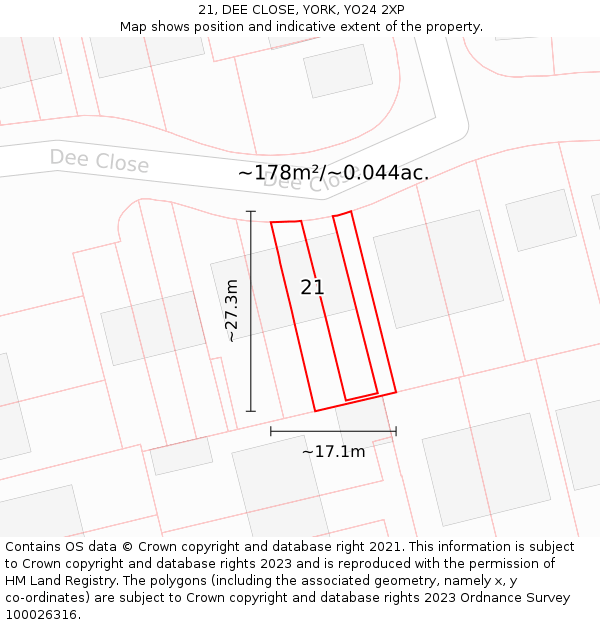 21, DEE CLOSE, YORK, YO24 2XP: Plot and title map
