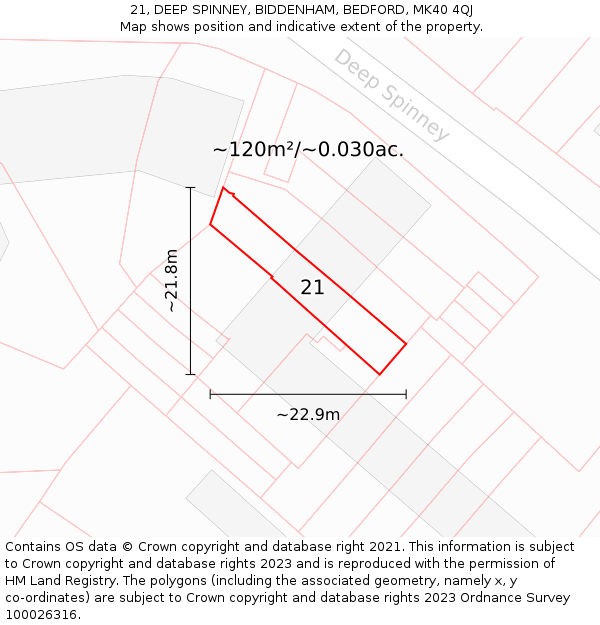 21, DEEP SPINNEY, BIDDENHAM, BEDFORD, MK40 4QJ: Plot and title map