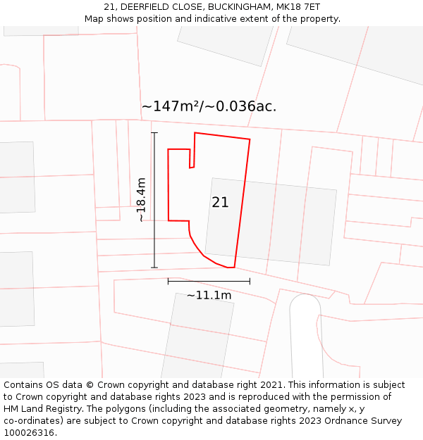21, DEERFIELD CLOSE, BUCKINGHAM, MK18 7ET: Plot and title map