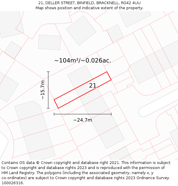 21, DELLER STREET, BINFIELD, BRACKNELL, RG42 4UU: Plot and title map