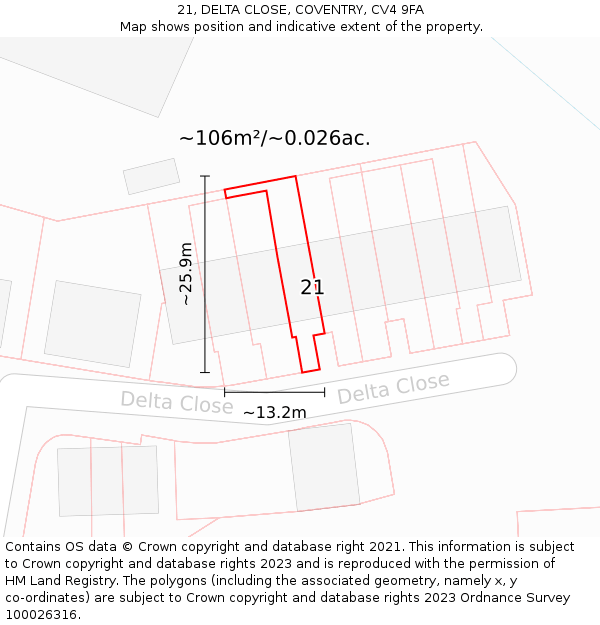 21, DELTA CLOSE, COVENTRY, CV4 9FA: Plot and title map