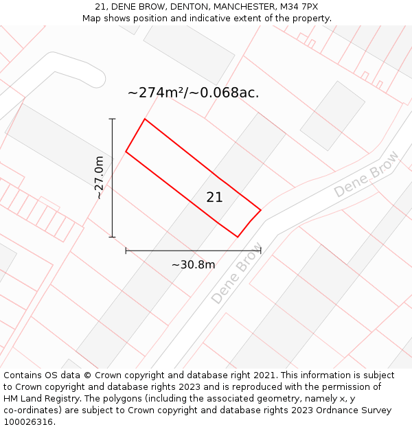 21, DENE BROW, DENTON, MANCHESTER, M34 7PX: Plot and title map