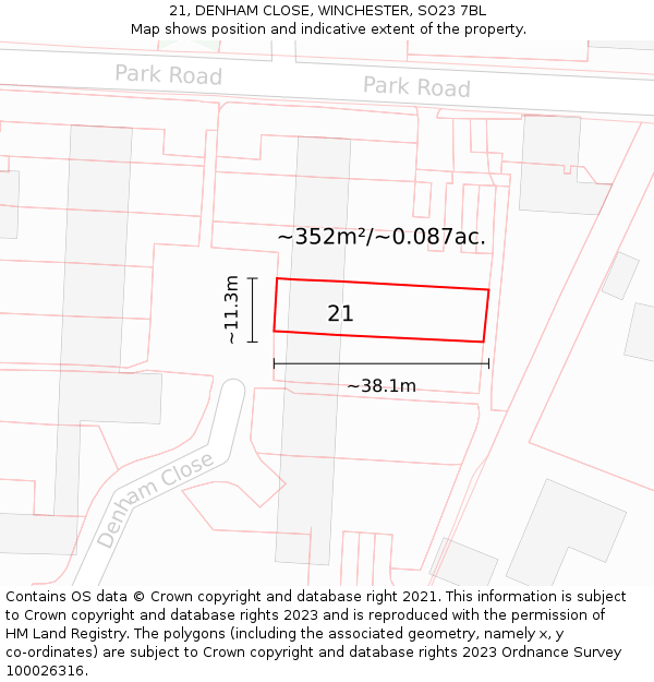 21, DENHAM CLOSE, WINCHESTER, SO23 7BL: Plot and title map