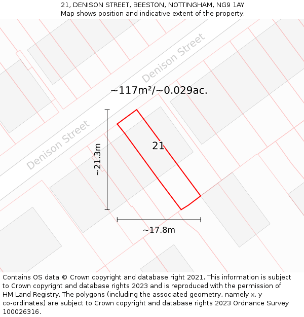 21, DENISON STREET, BEESTON, NOTTINGHAM, NG9 1AY: Plot and title map