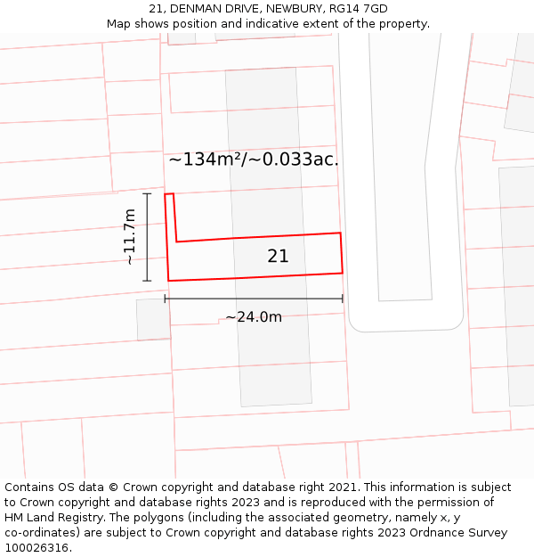 21, DENMAN DRIVE, NEWBURY, RG14 7GD: Plot and title map