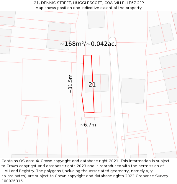 21, DENNIS STREET, HUGGLESCOTE, COALVILLE, LE67 2FP: Plot and title map