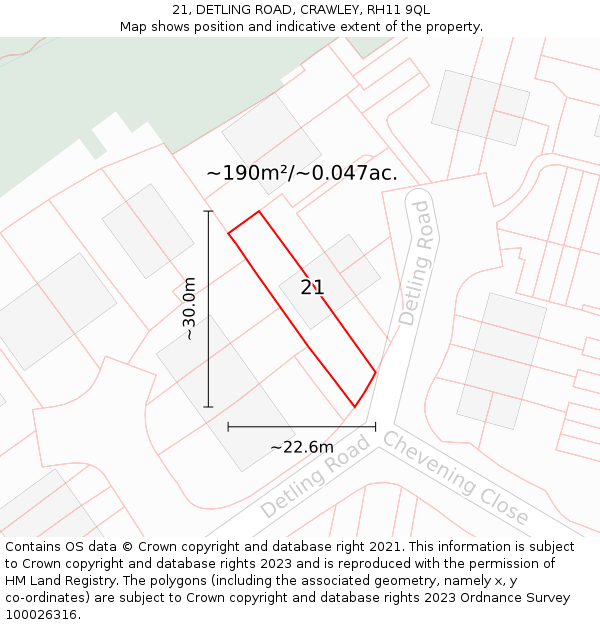 21, DETLING ROAD, CRAWLEY, RH11 9QL: Plot and title map