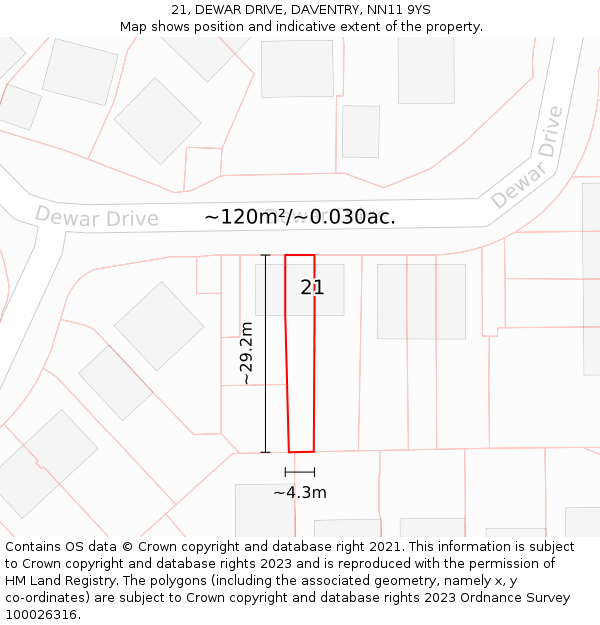 21, DEWAR DRIVE, DAVENTRY, NN11 9YS: Plot and title map
