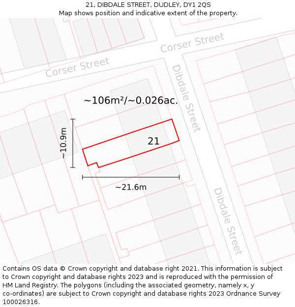 21, DIBDALE STREET, DUDLEY, DY1 2QS: Plot and title map