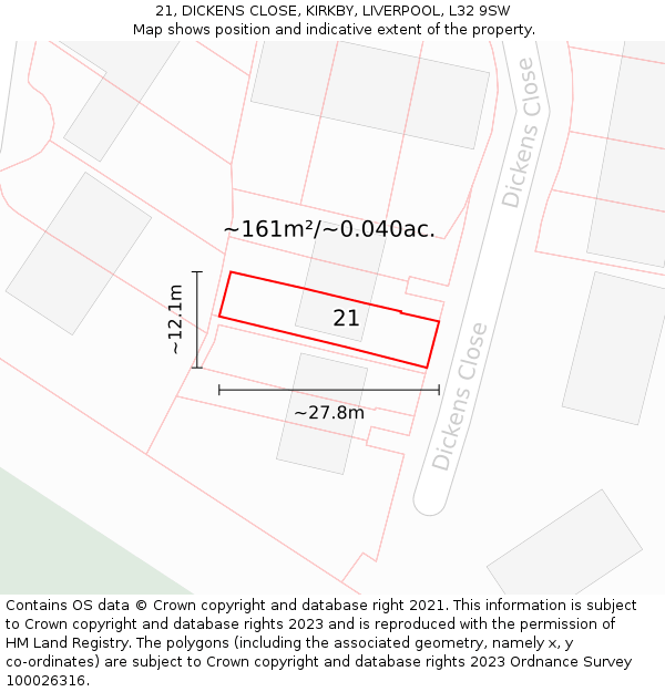 21, DICKENS CLOSE, KIRKBY, LIVERPOOL, L32 9SW: Plot and title map