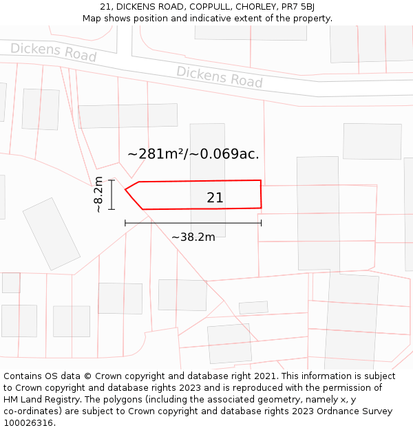 21, DICKENS ROAD, COPPULL, CHORLEY, PR7 5BJ: Plot and title map