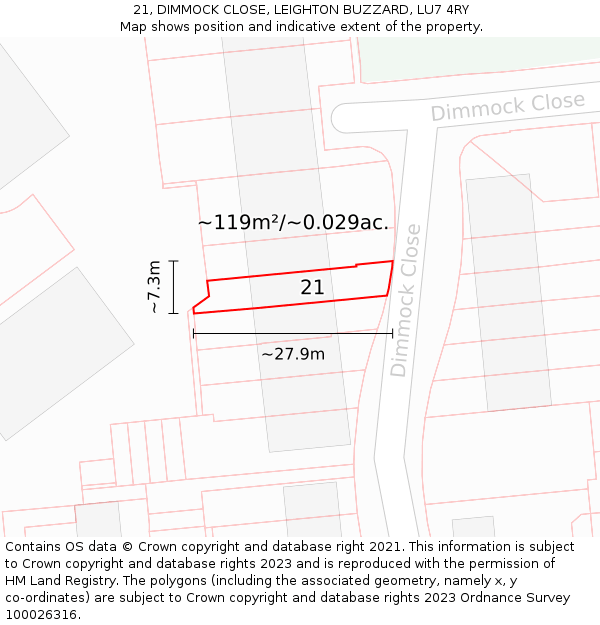 21, DIMMOCK CLOSE, LEIGHTON BUZZARD, LU7 4RY: Plot and title map