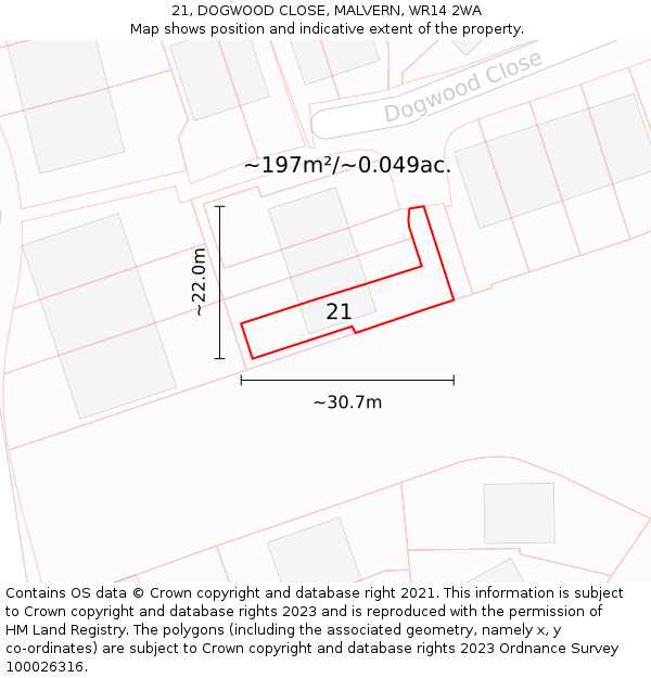 21, DOGWOOD CLOSE, MALVERN, WR14 2WA: Plot and title map