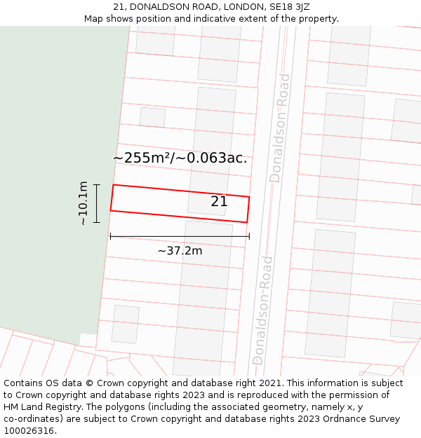 21, DONALDSON ROAD, LONDON, SE18 3JZ: Plot and title map