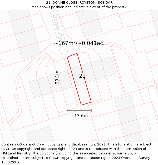 21, DONNE CLOSE, ROYSTON, SG8 5AR: Plot and title map