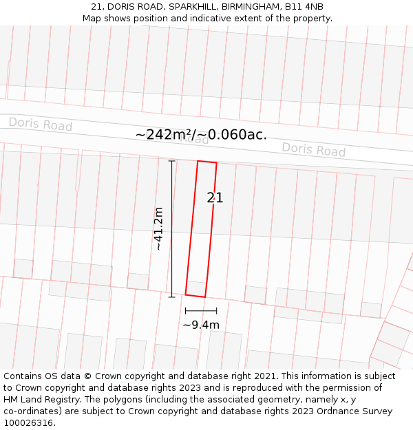 21, DORIS ROAD, SPARKHILL, BIRMINGHAM, B11 4NB: Plot and title map